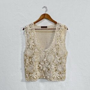 Vintage Cottagecore Fairy Boho Cream Crochet Knit Button Down Vest Size XL